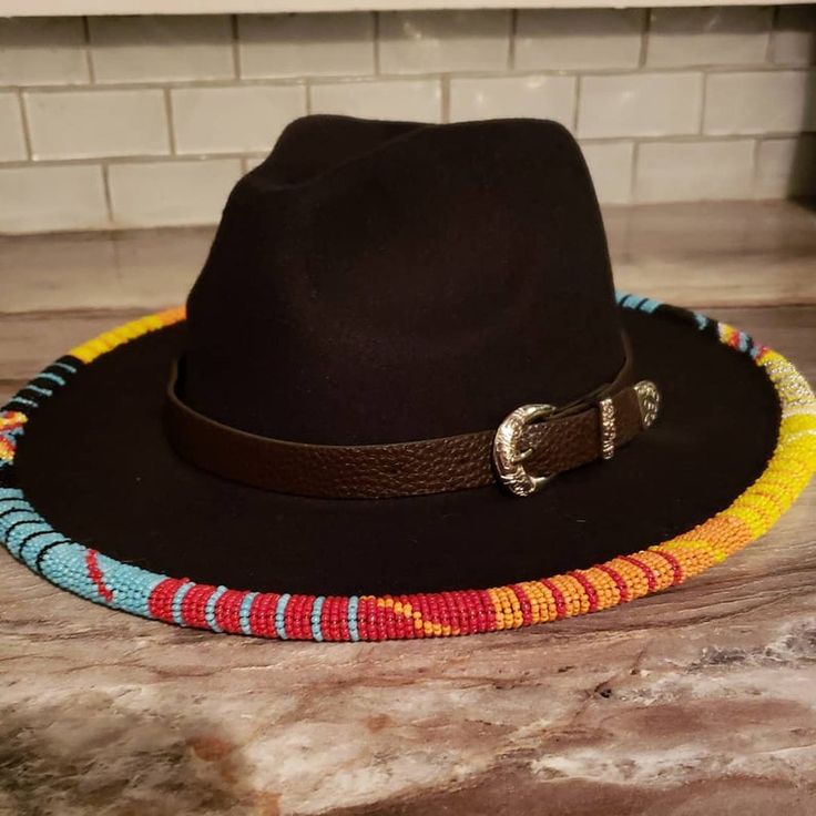 Custom Hand Beaded Wide Brim Fedora Felt Hat size 11 | Etsy Multicolor Fedora With Short Brim For Rodeo, Multicolor Short Brim Fedora For Rodeo, Handmade Southwestern Felt Hat With Short Brim, Handmade Southwestern Wide Brim Felt Hat, Western Style Multicolor Fedora With Short Brim, Multicolor Fedora Hat For Rodeo, Multicolor Western Fedora With Short Brim, Western Style Multicolor Fedora Hat, Multicolor Fedora With Curved Brim For Rodeo