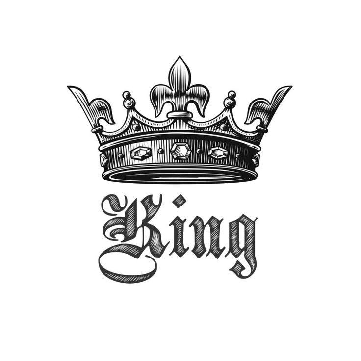 a black and white drawing of a crown with the word king on it's side