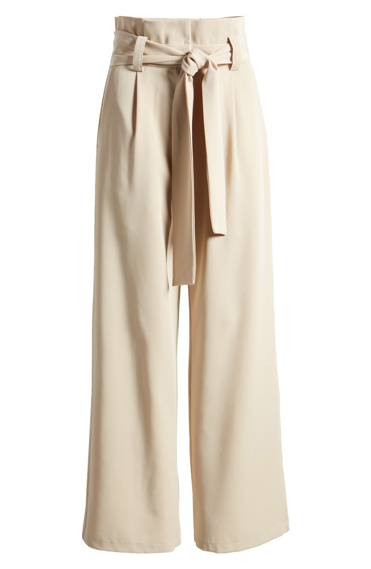 Wide legs punctuate these tailored pants designed with a drapey tie belt and crisp pleats. Zip fly with hook-and-bar closure Ties at waist Side pockets Lined 100% polyester Hand wash, dry flat Imported Wide Leg Pants Belt, Belted Beige Trousers, Chic Beige Pants For Daywear, Belted Pants For Work, Beige Wide Leg Pants With Tie Waist, Summer Workwear Bottoms With Belt Detail, Summer Belted Tapered Leg Pants, Belted Wide-leg Pants For Office, Belted High-waisted Wide Leg Pants For Office