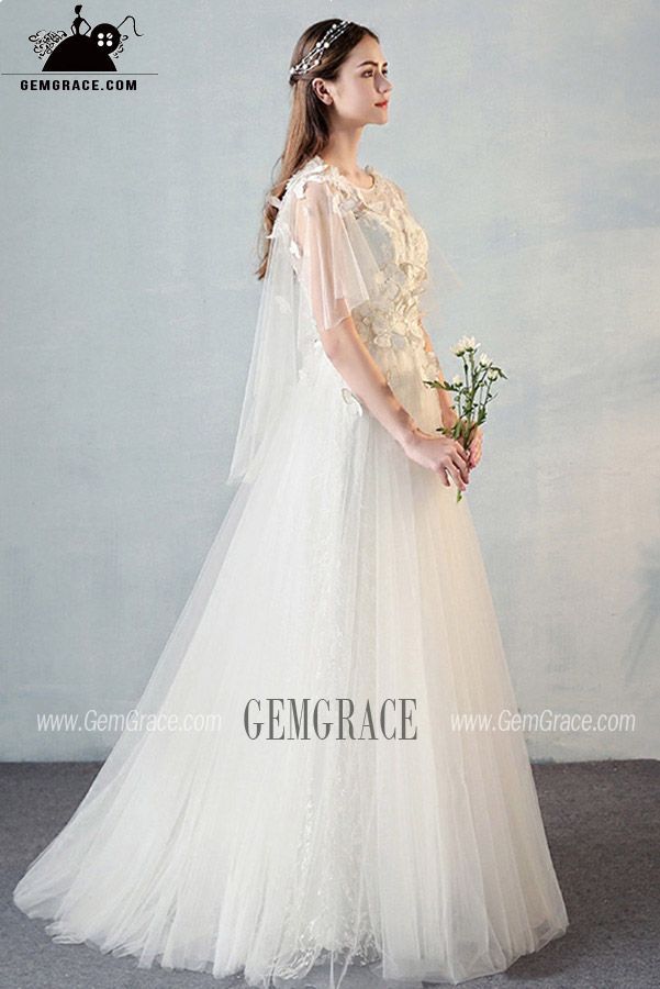 Fairy Butterflies Aline Long Tulle Wedding Dress with Puffy Sleeves For Summer Wedding Dress With Puffy Sleeves, 2000 Wedding, Fairy Sleeves, Train Wedding Dresses, Wedding Dresses Beach, Dress With Puffy Sleeves, Long Train Wedding Dress, Wedding Dress Collection, Dresses Beach