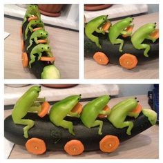 three pictures of green and orange vegetables in the shape of geckos on a skateboard