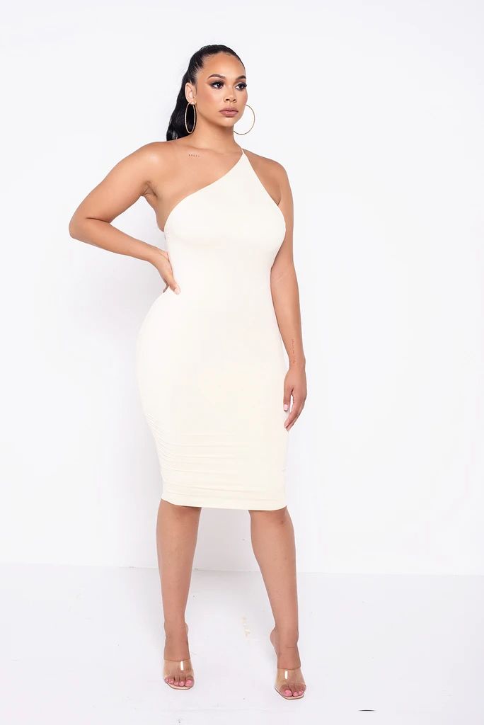 $72. Ivory Cabo- Cold Shoulder Body-Con Dress – Kloset Envy Stretch One Shoulder Bodycon Dress, Fitted One-shoulder Bandage Dress For Spring, Beige Fitted Sleeveless Backless Dress, White Sleek Fitted Mini Dress, Sleek Fitted White Mini Dress, Sleek White Fitted Mini Dress, Spring Bodycon Midi Backless Dress, Spring Midi-length Bodycon Backless Dress, Sleek White Bodycon Dress For Party