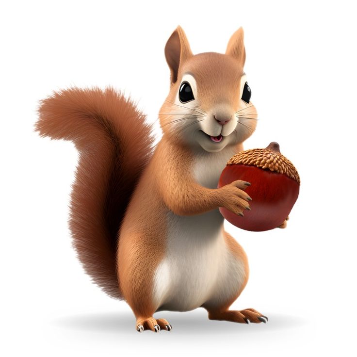 a cartoon squirrel holding an acorn and looking at the camera