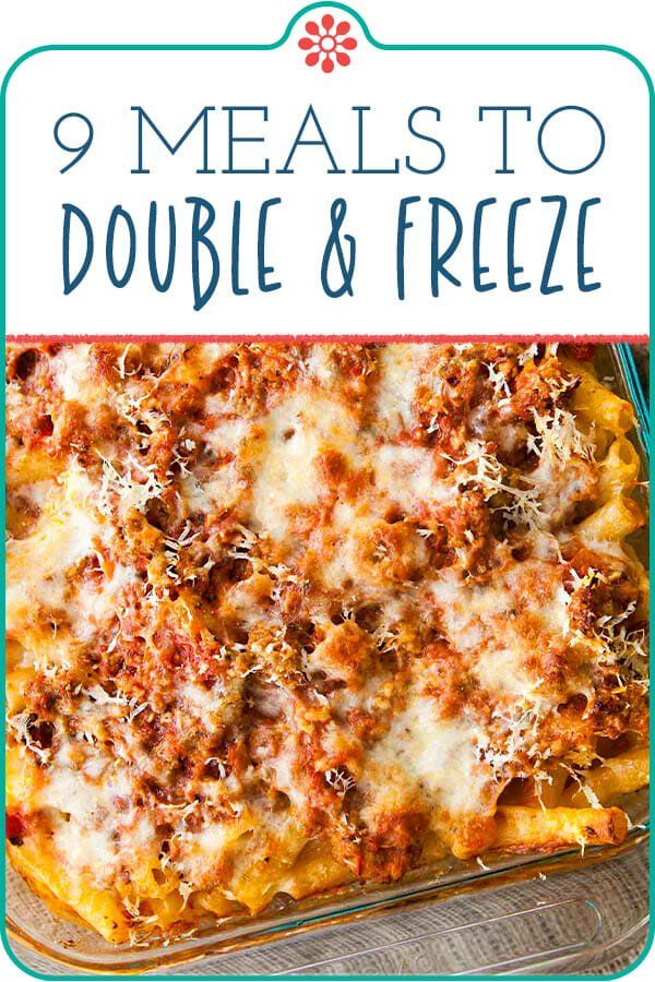 the cover of 9 meals to double and freeze, with an image of a casserole