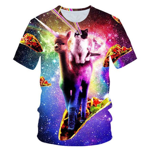 Get ready to blast off into style with the Galaxy Colorful T-Shirt! Add some excitement to your everyday wardrobe with this eye-catching t-shirt, featuring a colorful cartoon galaxy print. Made from a blend of polyester and spandex, it's light, comfortable, and durable for all-day wear. The O-neck collar and unisex style make it a versatile choice for everyone. Perfect for special occasions or everyday use, this t-shirt is easy to match with any outfit and is sure to turn heads. Get your Galaxy Playful Short Sleeve T-shirt With All Over Print, Fun Unicorn Print T-shirt For Summer, Summer Crew Neck Sublimation T-shirt With Funny Print, Playful Multicolor Printed T-shirt, Fun Multicolor Printed T-shirt, Novelty Summer Tops With Cartoon Print, Novelty Cartoon Print Summer Tops, Summer Novelty Tops With Cartoon Print, Funny Multicolor Summer T-shirt