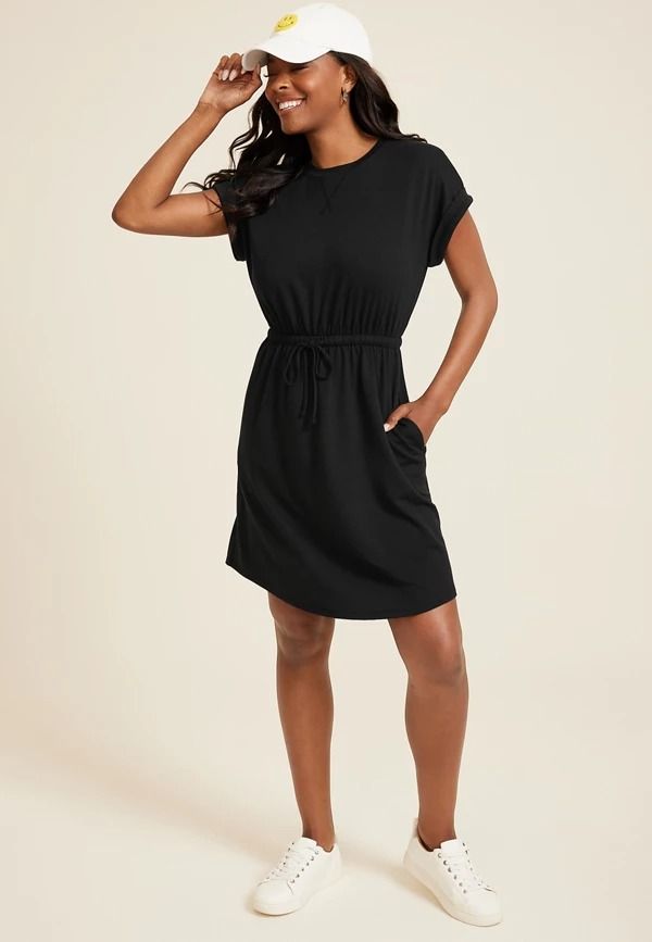 24/7 Clara Dress Tie Waist Mini Dress Chic Spring Midi Dress With Crew Neck, Crew Neck Dress For A Spring Day Out, Crew Neck Dress For Spring Day Out, Chic Crew Neck T-shirt Dress For Summer, Chic Short Sleeve Loungewear Dress, Casual Knee-length Short Sleeve Dress, Spring Crew Neck Short Sleeve Dress, Casual Black Mini Dress With Tie Waist, Chic Crew Neck Summer Dresses