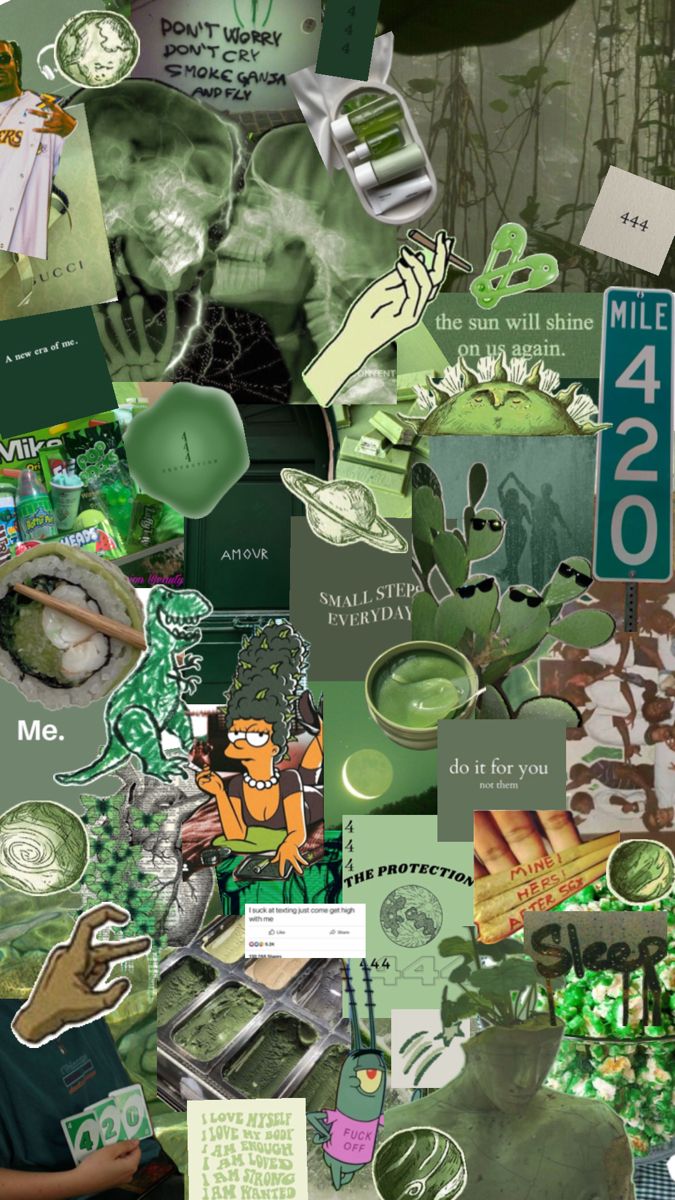 a collage of green and white images