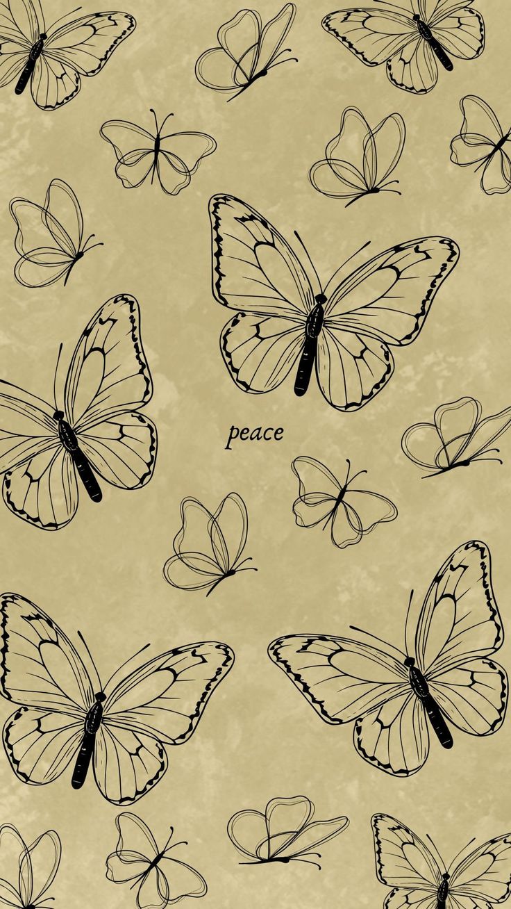 a bunch of butterflies flying in the air with words written on them that say peace