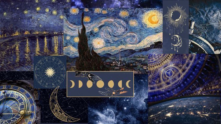 a collage of different pictures with clocks and stars in the night sky above them