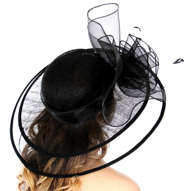 Sinamay Dress Hat Brim 5.5" X Crown Height 4.5" X Crown Diameter 7.5" 100% Sinamay Straw Fitted Black Fascinator For Summer, Black Summer Fascinator, Black Fitted Chic Fascinator, Fitted Black Chic Fascinator, Chic Black Fitted Fascinator, Summer Party Black Cloche Hat, Black Wide Brim Boater Hat For Spring, Chic Black Boater Hat For Formal Occasions, Black Cloche Fascinator For Races