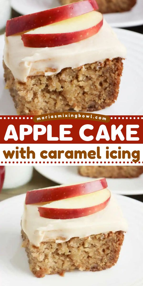 A sweet treat to make at home this season! Complete with caramel icing, this apple cake has a delicious combo of sweet and tangy flavors. Definitely a perfect Christmas dessert idea! Save this holiday baking recipe! Cake With Caramel Frosting, Fall Desserts Apple, Dessert Fall, Cake Fall, Moist Apple Cake, Dessert Oreo, Fall Cake, Cinnamon Caramel, Cake With Caramel