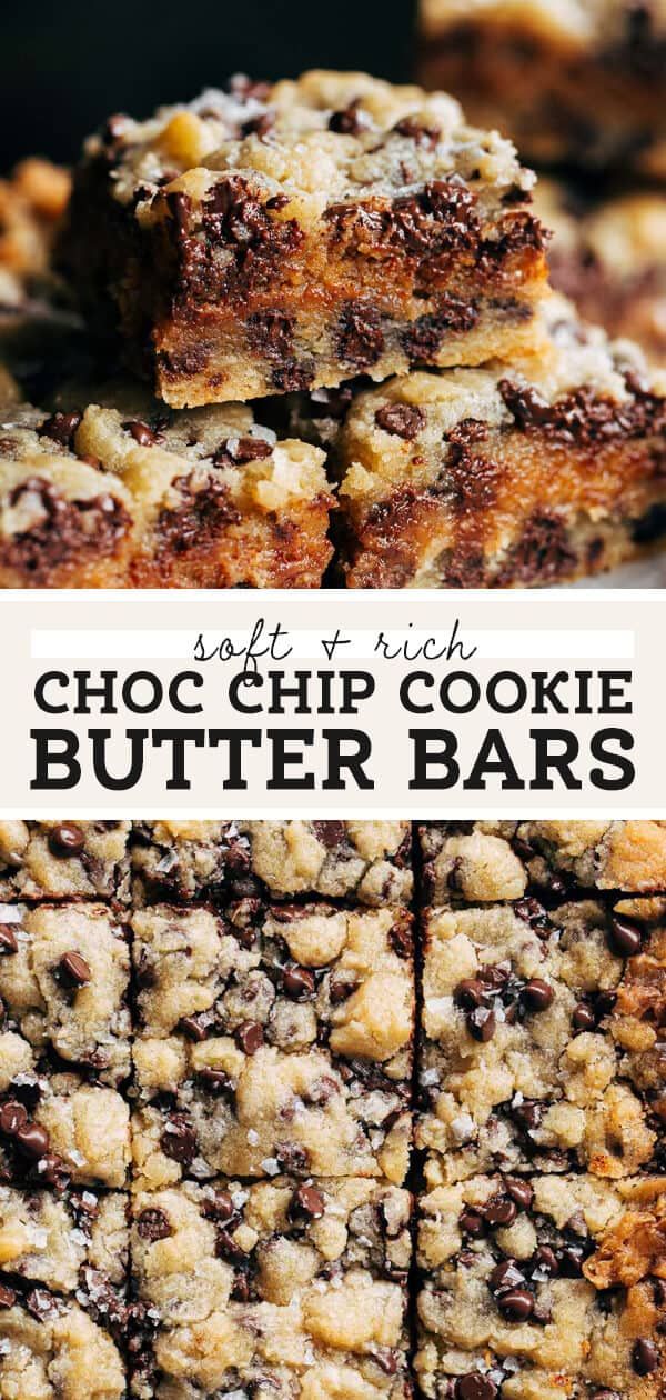 chocolate chip cookie butter bars stacked on top of each other with the title above it