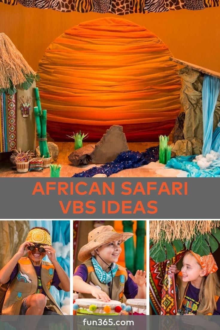 an african safari themed birthday party is featured in this collage with the words, vbs ideas