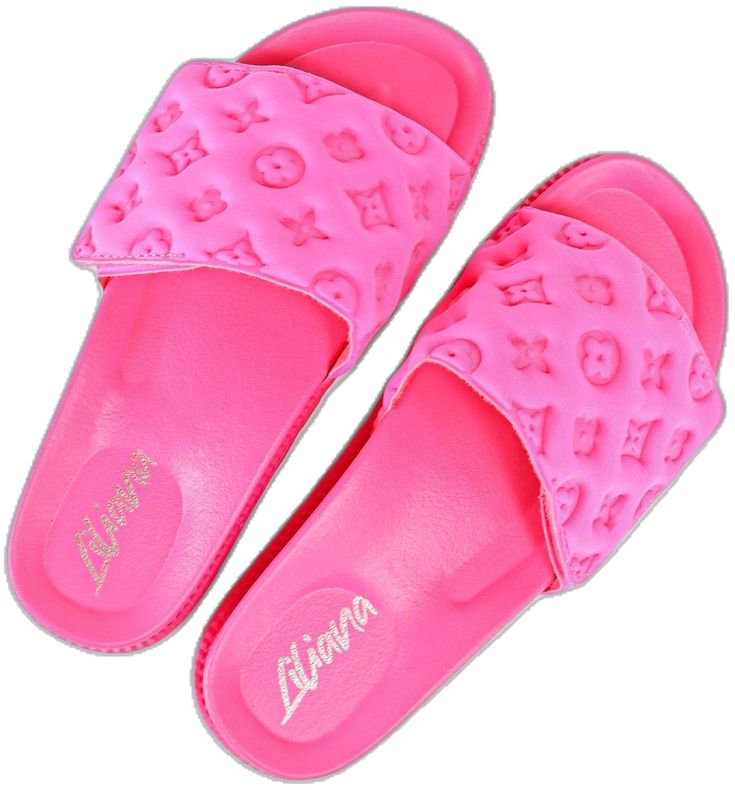 Pink Summer Slip-on Slides, Casual Pink Slippers For Vacation, Comfortable Pink Open Toe Slides, Trendy Non-slip Slide Slippers, Trendy Non-slip Slide Flip Flops, Trendy Slip-on Slides For Vacation, Trendy Slides For Spring Leisure, Trendy Slides For Leisure In Spring, Casual Pink Slides For Vacation