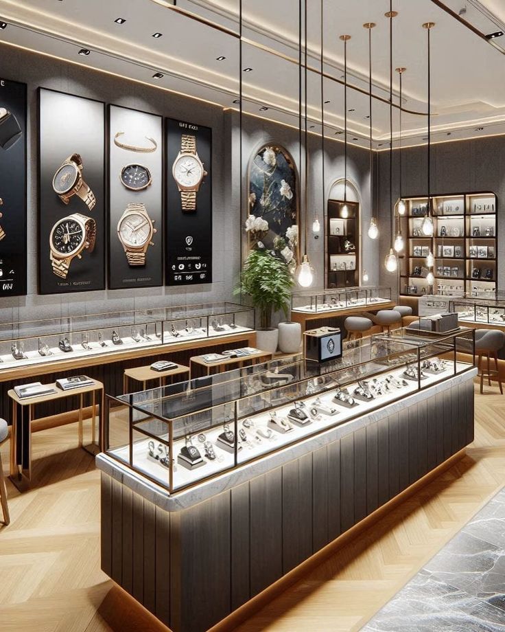 the inside of a jewelry store with many watches on display