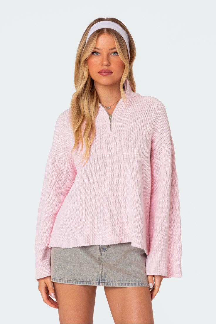 Online Only! Stay relaxed to the max in this essential cozy Edikted oversized zip sweater. Throw it over any outfit for the perfect chilled vibe.


	Zip sweater
	Oversized fit
	High neckline
	Knitted fabric
	100% Cotton
	Model wears size S
	Model height is 5'7
	Item care: Wash with similar color Light Pink Sweater, Visionary Fashion, Bday Gifts, Sweater Oversized, Sweater Oversize, Swimwear Dress, Knitted Tops, Strapless Tops, Sweater Brands