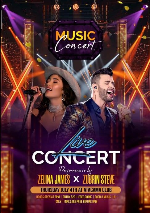 the concert poster for music concert with two people on stage and lights in the background