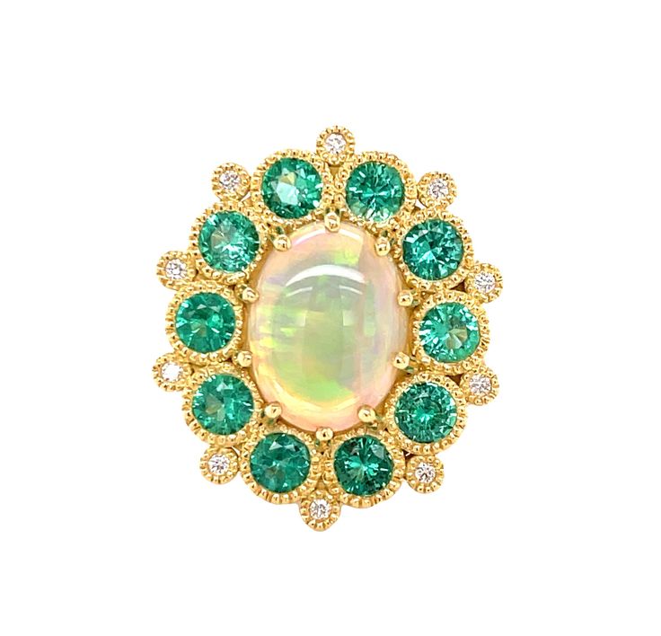 18 karat yellow GoldAustralian crystal Opal cabochon, 2.96 total carat weight10 round Emeralds,1.46 total carat weight 180 Bezel-set and Pave-set Diamonds, 0.87 total carat weight accents on the head, gallery, and tri-split shankSize 7 Item# 200-01076 Luxury Heirloom Cabochon Opal Ring, Luxury Hallmarked Oval Cabochon Opal Ring, Cupcake Ring, Colored Stone Rings, Jewelry Accessories Ideas, Crystal Opal, Colored Stone, Accessories Ideas, Crown Jewels