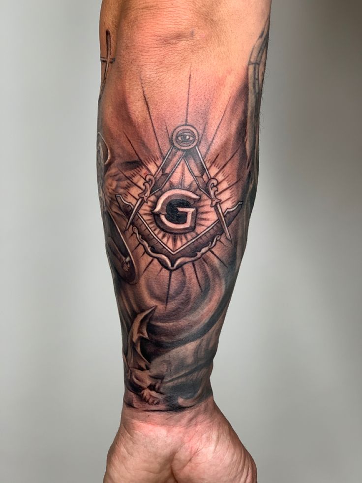 a man's arm with an all seeing eye tattoo on the forearm and hand