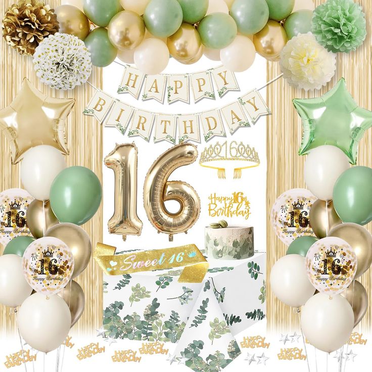 PRICES MAY VARY. Sweet 16 Decorations Sage Green: The package contains 20 sage green balloons, 15 sandy white balloons, 10 metallic gold balloons, 5 16th birthday confetti balloons, 16 balloon numbers, 2 star foil balloons, 16th birthday sash and crown, 4 paper pompoms flowers, 1 green happy birthday banner, 1 sage green tablecloth, 2 gold fringe curtains, 10g gold birthday confetti, happy 16th birthday cake topper. Enough quantity to meet your party decorating needs High-Quality Sweet 16 Balloo Fairy Sweet 16 Theme, Sage Green Themed Birthday Party, Sweet 16 Birthday Themes, 16th Birthday Party Themes, Sweet Sixteen Decor, Sage Green Birthday, 16 Party Decorations, Sweet 16 Sash, Happy Birthday Sweet 16