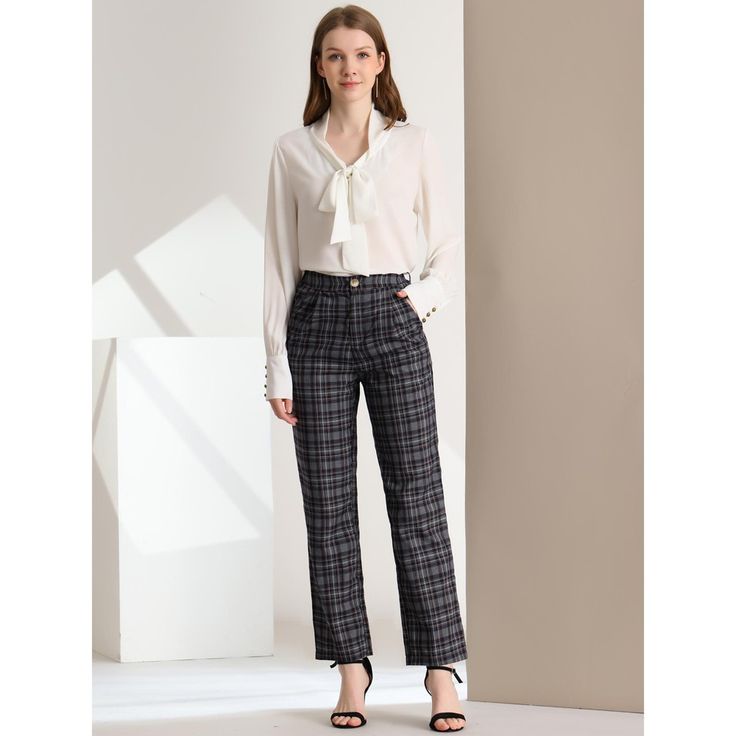 These pants are essential for dressing up or down. Lightweight fabric, covered in a plaid pattern, shapes these trendy trousers with a high-rise fit. How it is a bit high waist and how it gathers at the waist adding shape to the body. You may love everything about these trousers, from their regular fit to the elastic high-waist, which could double as a hiding mechanism for women with love handles. Style these trousers with a crop top and heels for the ultimate look. This fashionable and trendy c Casual Plaid Wide Leg Pants For Fall, Fall Office Lady Pants For Workwear, Office Lady Pants For Fall, Fall Office Wear Pants, Fall Office Lady Pants, Fall Office Lady Pants For Office Wear, High Waist Bottoms For Office In Fall, Plaid Long Pants For Fall, Fall Plaid Long Pants