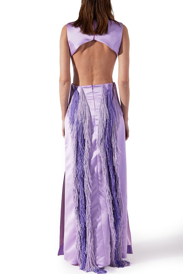 Description Purple A-line, Long dress Sleeveless Closed neckline Silk Dry Clean Made in Lebanon LOOK 17 RTW Sleeveless Tie-back Gown For Party, Sleeveless Tie Back Gown For Party, Silk Sleeveless Halter Dress With Back Opening, Sleeveless Silk Halter Dress With Back Opening, Sleeveless Gown With Lined Bodice For Cocktail, Fitted Bodice Sleeveless Dress For Gala, Sleeveless Gown With Corset Back For Evening, Sleeveless Corset Back Gown For Evening, Silk Backless Tie Back Dress For Gala