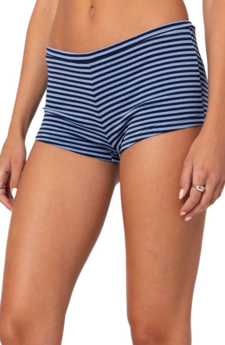 A low-rise waist creates a cozy fit in these stretchy, striped cotton shorts that are perfect for lounging. Elastic waist 95% cotton, 5% spandex Machine wash, dry flat Imported Fitted Striped Bottoms With Built-in Shorts, Striped Stretch High-waisted Shorts, Stretch Striped Shorts, Casual Striped Stretch Shorts, Fitted Striped Bottoms Short Length, Fitted Striped Short Bottoms, Striped Pajama Shorts For Loungewear, Striped Loungewear Shorts, Striped Pajama Shorts With Built-in Shorts