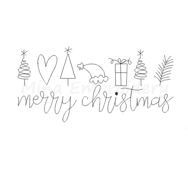 merry christmas card with handwritten lettering and presents on the bottom right corner, in black ink