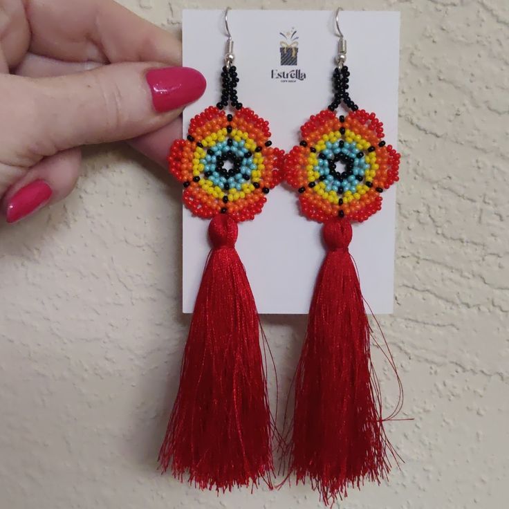 These Are 5 In Long From Tip To Tail Red Tasseled Jewelry As A Gift, Red Tasseled Jewelry For Gift, Red Tassel Earrings With Latkans As Gift, Red Tassel Earrings With Latkans For Gifts, Red Latkans Tassel Earrings For Gifts, Red Beaded Earrings With Tassels And Round Beads, Red Beaded Fringe Tassel Earrings With Round Beads, Red Beaded Earrings With Tassels, Red Beaded Fringe Tassel Earrings