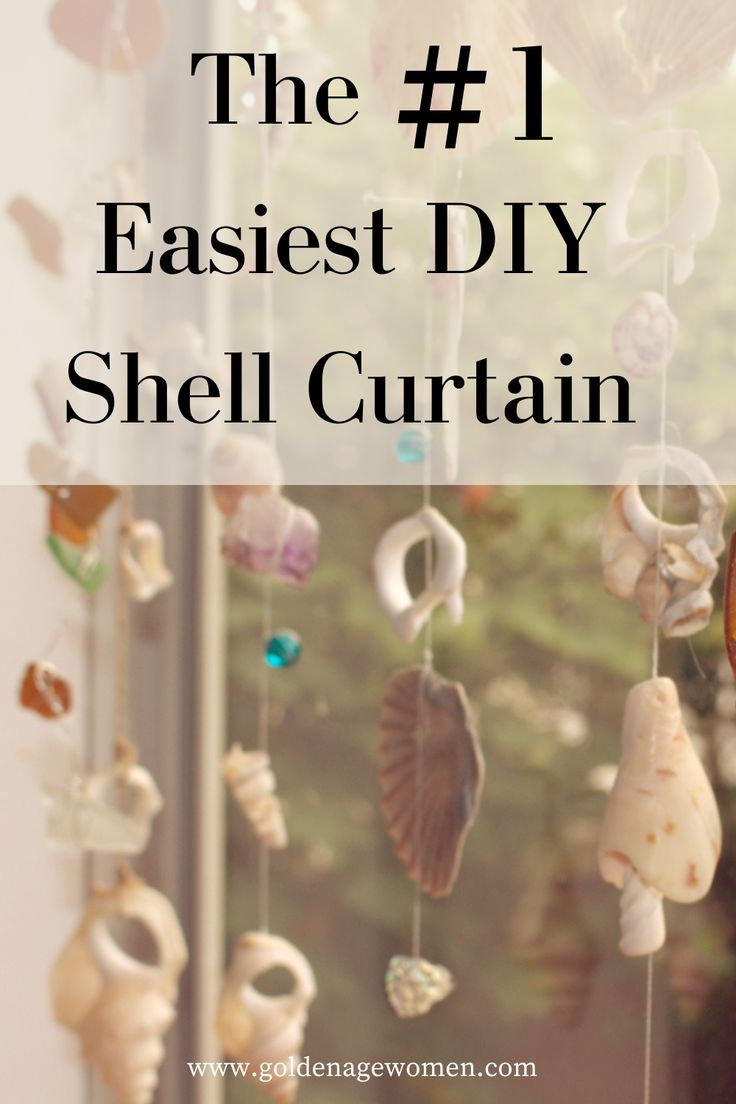 shells hanging from the side of a window with text overlay that reads, the 1 easier diy shell curtain