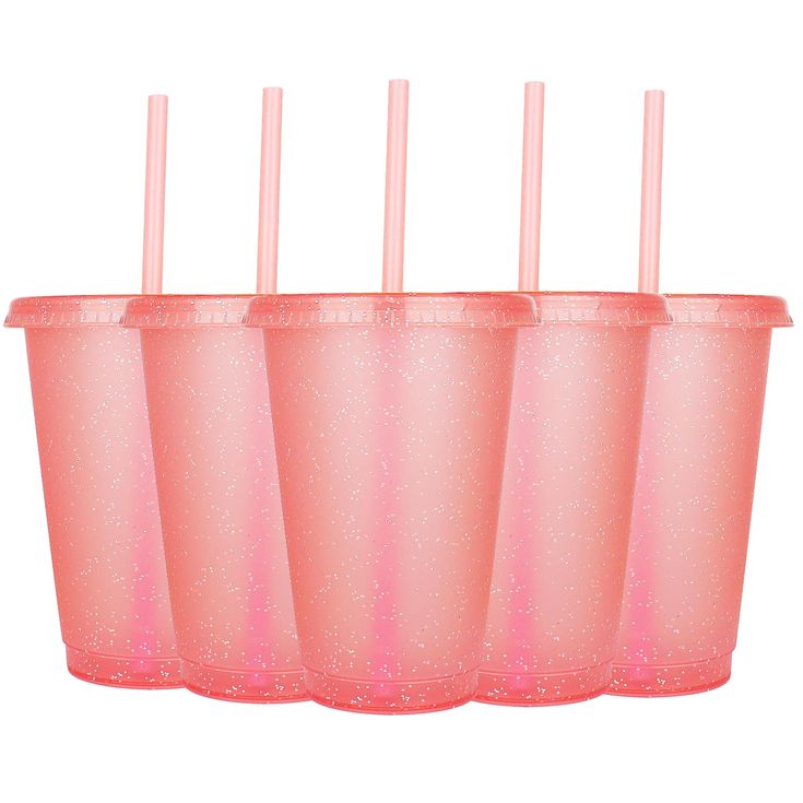 six pink cups with straws in them