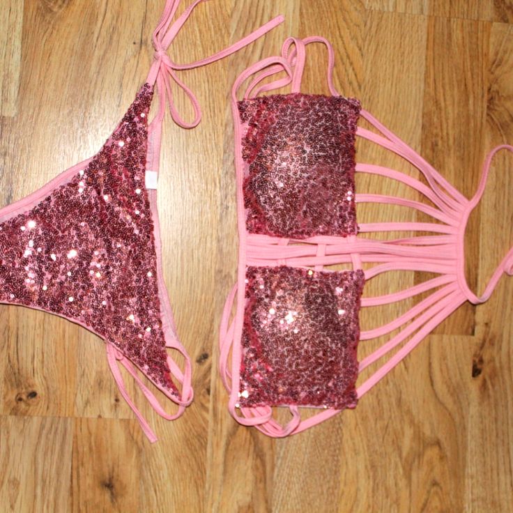 Pink Sparkly Bikini Set. Size Small. Never Worn Party Swimwear With Triangle Top Stretch, Party Swimwear With Triangle Top, Party Triangle Top Swimwear For Beach Season, Triangle Top Swimwear For Beach Season Party, Triangle Top Swimwear For Beach Party, Pink Triangle Top Swimwear For Party, Pink Strappy Swimwear For Party, Spring Party Strappy Swimwear, Summer Party Swimwear With Stretch