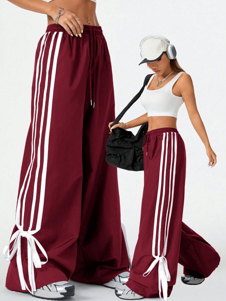 Women's Velvet Back To School Palazzo Drawstring Side Stripes Fashionable Edge Collision And Bow Ties Pants Burgundy Casual   Polyester Colorblock,Striped Wide Leg Non-Stretch  Women Clothing, size features are:Bust: ,Length: ,Sleeve Length: Sportswear Moodboard, Trousers Women Casual, Bow Tie Pants, Men Nightwear, Sporty Wear, Women Sportswear, Clothing Haul, Sportswear Fashion, Easy Trendy Outfits