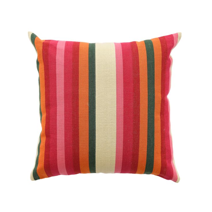 an orange and pink striped pillow on a white background