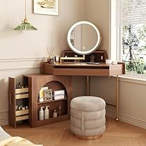 a bedroom with a vanity, mirror and stool next to a window in the corner