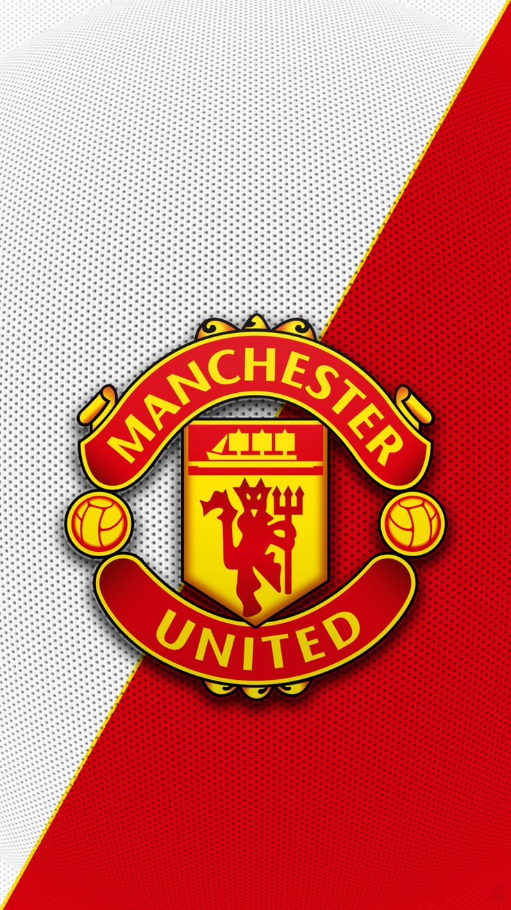 the manchester united logo on a red and white striped wallpaper with an orange stripe