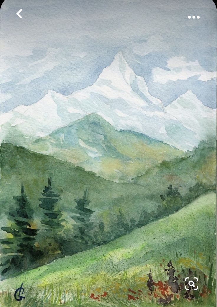 a watercolor painting of mountains and trees