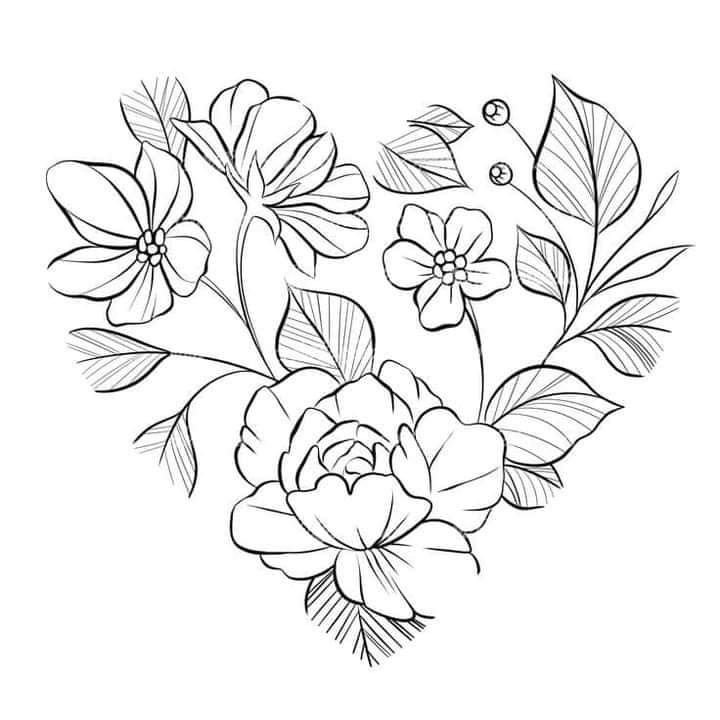 a black and white drawing of flowers in the shape of a heart