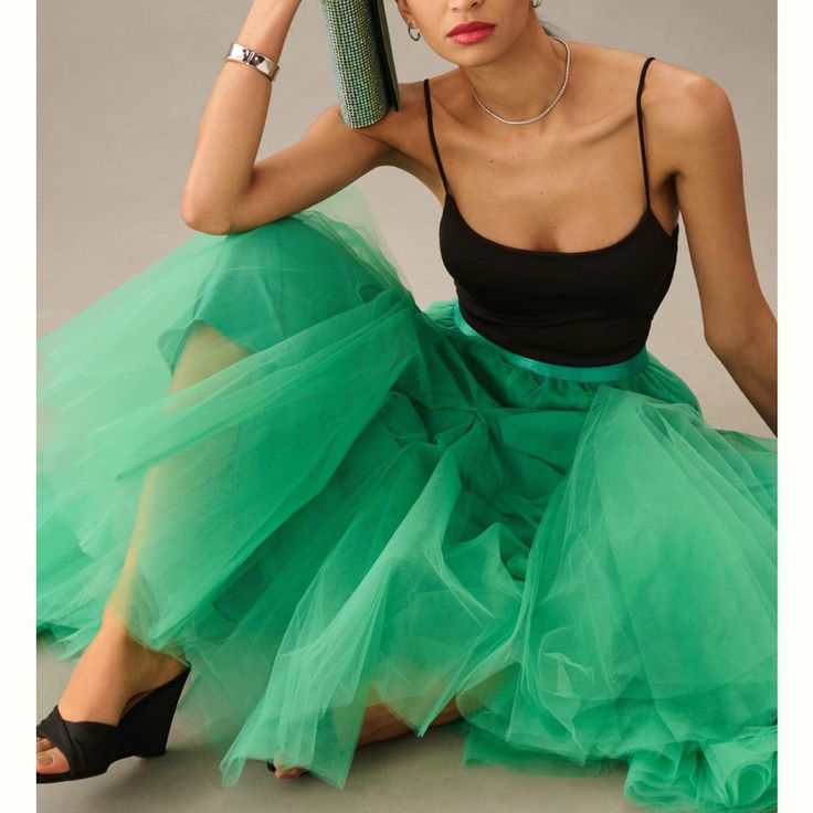 Beautiful Tulle Mermaid Green Skirt From Hutch, Anthropologie. Sold Out In Stores. New With Tags. Hutch In 2010, New Yorker Daniel Saponaro Launched Hutch, A Contemporary Womenswear Brand Recognized For Garments That Are Equally Easy And Luxe. Emphasizing Timeless Sophistication Over Trend, The Label's Defined Aesthetic Showcases Saponaro's Love Of Vibrant Colors, Conceptual Prints, And Feminine Tailoring In Every Made-For-You Piece. Nylon; Polyester Lining Pull-On Styling Dry Clean Imported Dim Chic Evening Maxi Skirt With Tulle, Chic Evening Maxi Tulle Skirt, Night Out Tulle Midi Skirt, Elegant Midi Tulle Skirt, Elegant Tulle Midi Skirt, Elegant Skirted Tulle Bottoms, Chic Party Tulle Maxi Skirt, Evening Tulle Flared Skirt, Flowy Tulle Skirt For Night Out