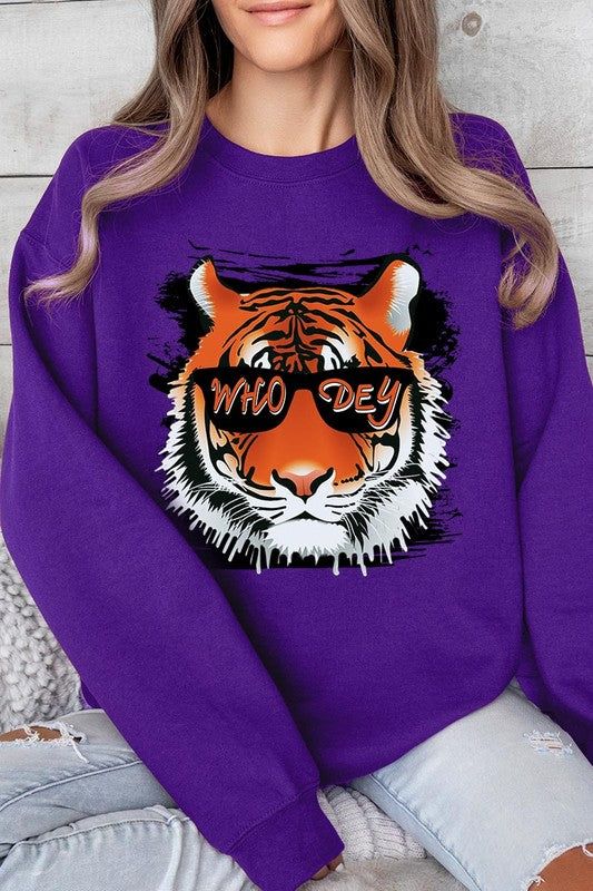 Who Dey Tiger Graphic Fleece Sweatshirts.Unisex Crew Neck Long Sleeve Sweaters Knits.Crafted from premium materials, tailored to your lifestyle, ensuring a comfortable fit for any occasion.Family Group Uniforms Birthday Party Gift Concert Festival Events.High Quality Direct To Film Printed Graphic Design.50%COTTON,50%POLYESTERNICARAGUAMade In: Nicaragua Purple Letter Print Sweater For Fall, Casual Purple Sweatshirt For Winter, Casual Purple Winter Sweatshirt, Casual Fleece Top With Graphic Print, Casual Fleece T-shirt For Fall, Purple Graphic Print Sweatshirt For Fall, Casual Purple Sweatshirt With Letter Print, Purple Graphic Print Sweater For Fall, Purple Long Sleeve Sweater With Letter Print