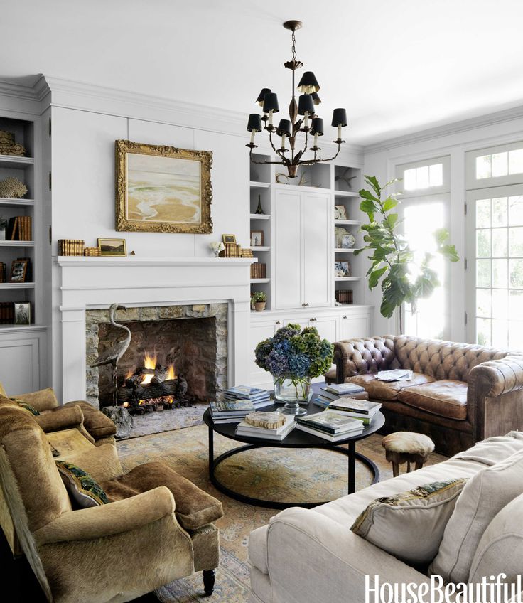 a living room filled with furniture and a fire place in the middle of a room