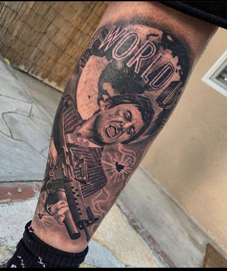 Scarface Hand Tattoo, Scarface Tattoo Sleeve, Tony Montana Tattoo Stencil, Scarface Leg Tattoo, Recycle Tattoo, Scar Face Tattoo, The World Is Yours Tattoo Scarface, Tony Montana Tattoo, Scarface Tattoo Design