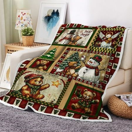 a teddy bear christmas quilt on a chair