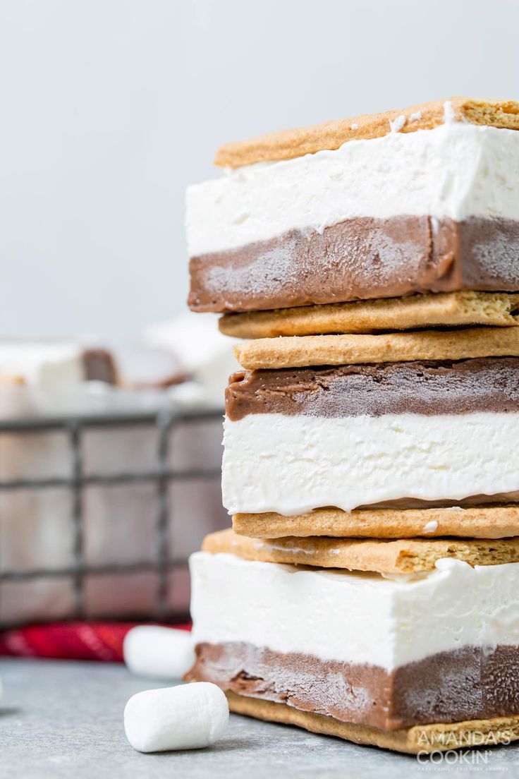 a stack of ice cream sandwiches with marshmallows