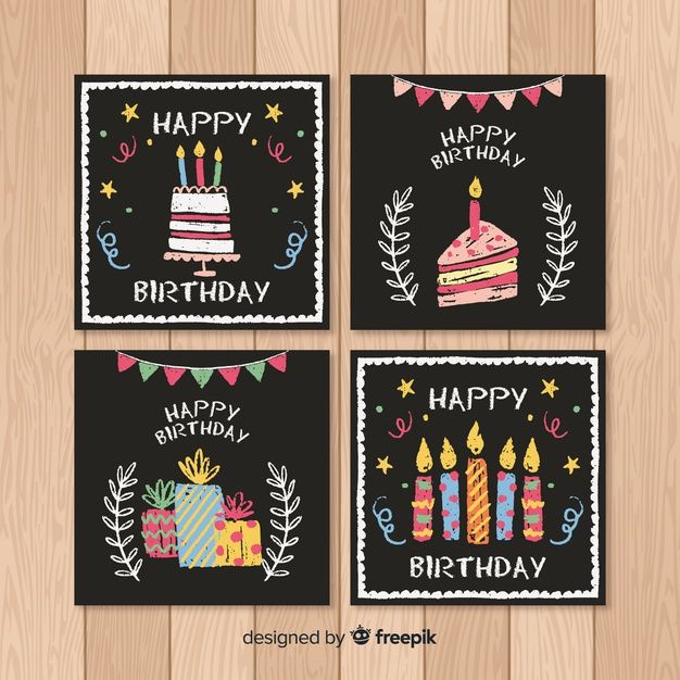 three birthday cards with candles and cake on black paper in front of wooden table top