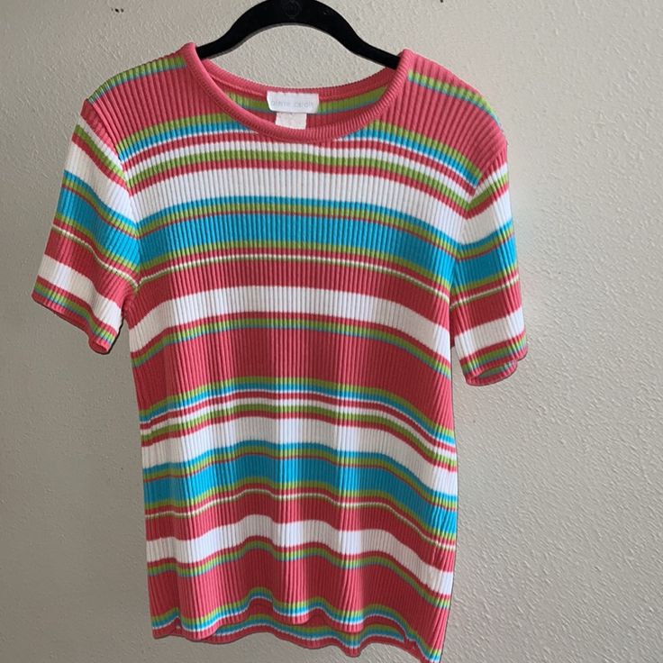 Pierre Cardin Multicolored Striped Shirt Sleeve Scoop Neck Sweater. Colors Are Pink, Turquoise Blue, Lime Green And White Stripes. Extremely Soft And Comfortable To Wear. High End Brand And You Can Feel The Luxury When You Wear It. Rn #14254 Tag Says 8 For Size. Fits Like A Women's Medium. Like Brand New. Was My Mothers And She Gave To Me. Just Trying To Rotate My Closet For Other Items. Cable Knit Sweater Pastel Stripes. Perfect For Spring. Pastel Rainbow Style Multicolor Short Sleeve Knit Top For Spring, Multicolor Color Block Tops For Spring, Casual Multicolor Crew Neck Knit Top, Colorful Crew Neck Tops For Spring, Casual Multicolor Short Sleeve Knit Top, Trendy Multicolor Short Sleeve Knit Top, Casual Multicolor Ribbed Top, Multicolor Casual Knit Top For Spring, Casual Multicolor Knit Top For Spring