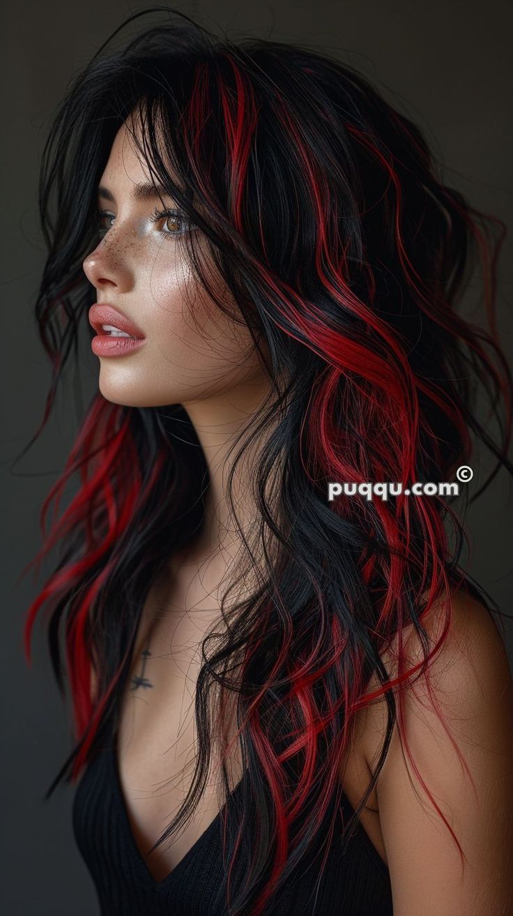 Red Highlight On Black Hair, Red Hair Black Peekaboo, Long Hair Red Highlights, Black And Red Hair Ombre, Hair Color Ideas For Freckles Faces, Split Red Hair, Black And Red Hair Dye, Black And Red Hair Aesthetic, Black Hair And Red Highlights