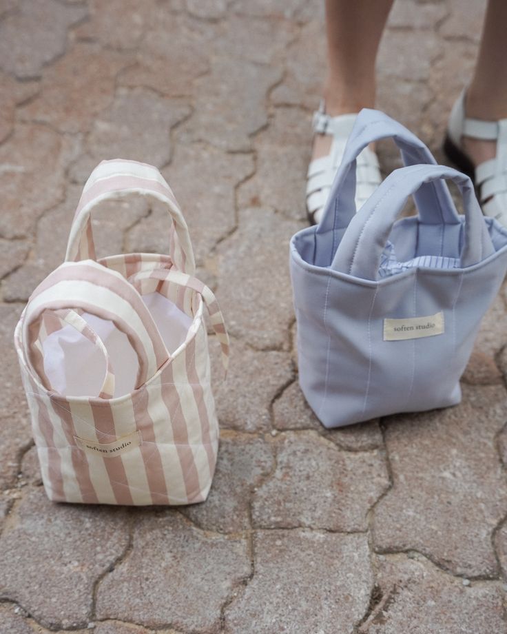 two purses sitting on the ground next to each other, one has a shoe in it