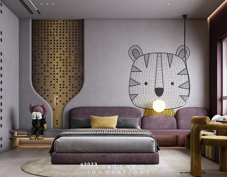 a bedroom with a bed, couch and chair in front of a cartoon bear on the wall