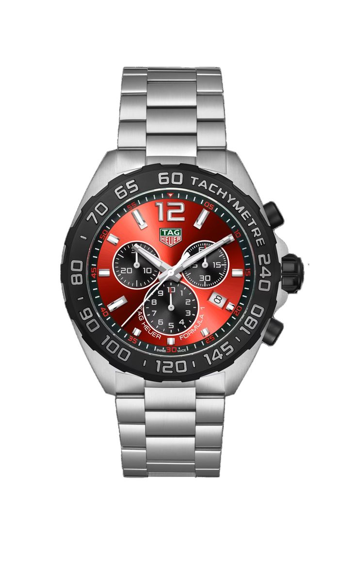 A racing icon reinvented, the TAG Heuer Formula 1 in sunray brushed red combines bold looks and racing-ready precision. Encased in a resilient 43mm steel body, this sporty chronograph, water-resistant up to 200 meters, is built for fearless racing champions who live in the fast lane. Racing Style Chronograph Watch For Motorsport Events, Red Watch With Tachymeter And Round Dial, Red Watches With Tachymeter And Round Dial, Sports Chronograph Watch With Tachymeter, Luxury Red Analog Display Watch, Luxury Sports Chronograph Watch With Subdials, Modern Sports Chronograph Watch With Tachymeter, Modern Chronograph Watch For Sports, Red Chronograph Watch With Subdials